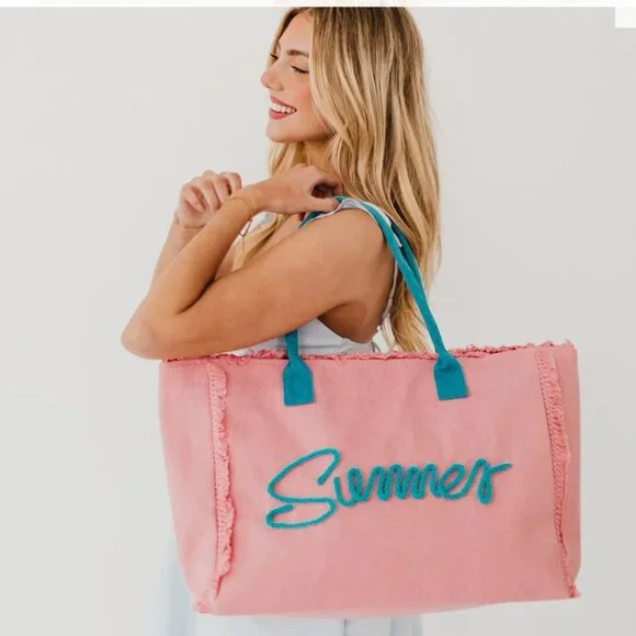 “Summer”‎ Rope Detail Pink & Teal Fringe Beach Tote Bag (NEW W/TAGS & SO CUTE!) - Picture 2 of 5